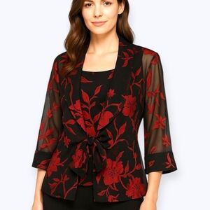 Alex Evenings Metallic Sheer Floral Red Black Burnout Chiffon Jacket & Cami Set